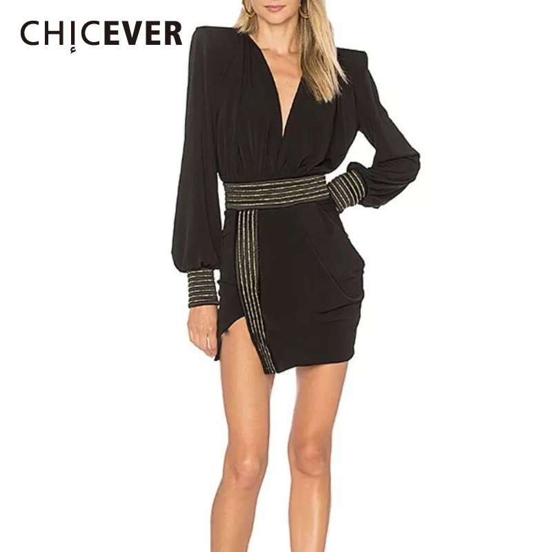 

CHICEVER Summer Hit Color Sexy Backless Dresses Women Lantern Sleeve High Waist Hem Split A Line Female Dress 2019 Fashion New