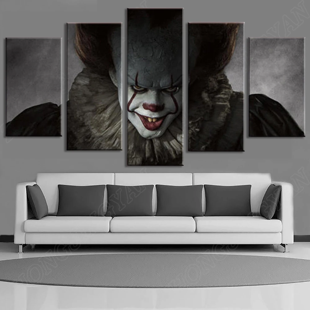 映画ペニーワイズピエロホラー怖いキャンバス5ピースhdプリントポスター室内リビングルーム男の子ベッドサイド背景パ 絵画 書道 Aliexpress