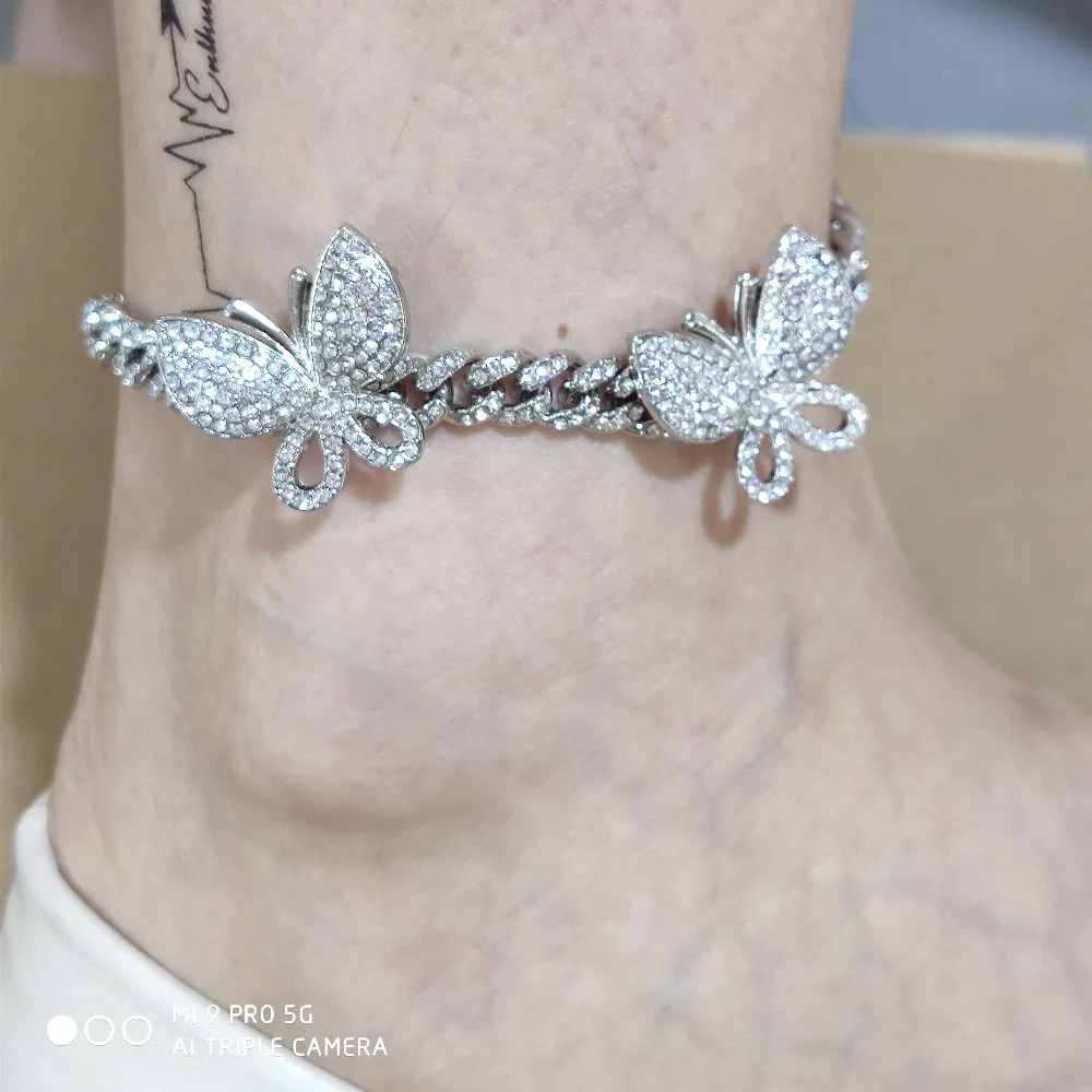 Iced Out Bling Chain CZ Pink Gold Butterfly Anklet Bracelet Hip Hop Jewelry Miami Cuban link Silver Color Leg Anklets For Women | Украшения