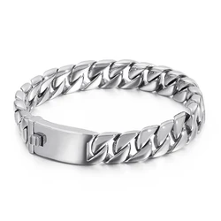 Heavy Silver Tone 316L Stainless Steel Cuban Curb Bracelet - 21cm (Silver 12mm Wide)