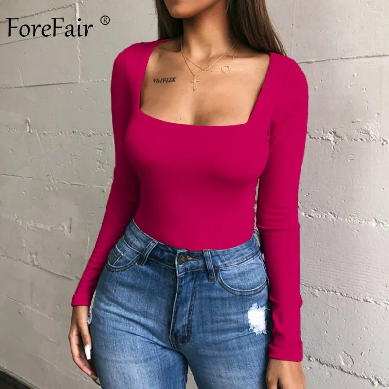 Forefair сексуальный костюм в обтяжку с длинным рукавом квадратная шея оболочка открытая промежность основной белый черный красный комбинезон женский боди Топ - Цвет: Rose Red Bodysuit