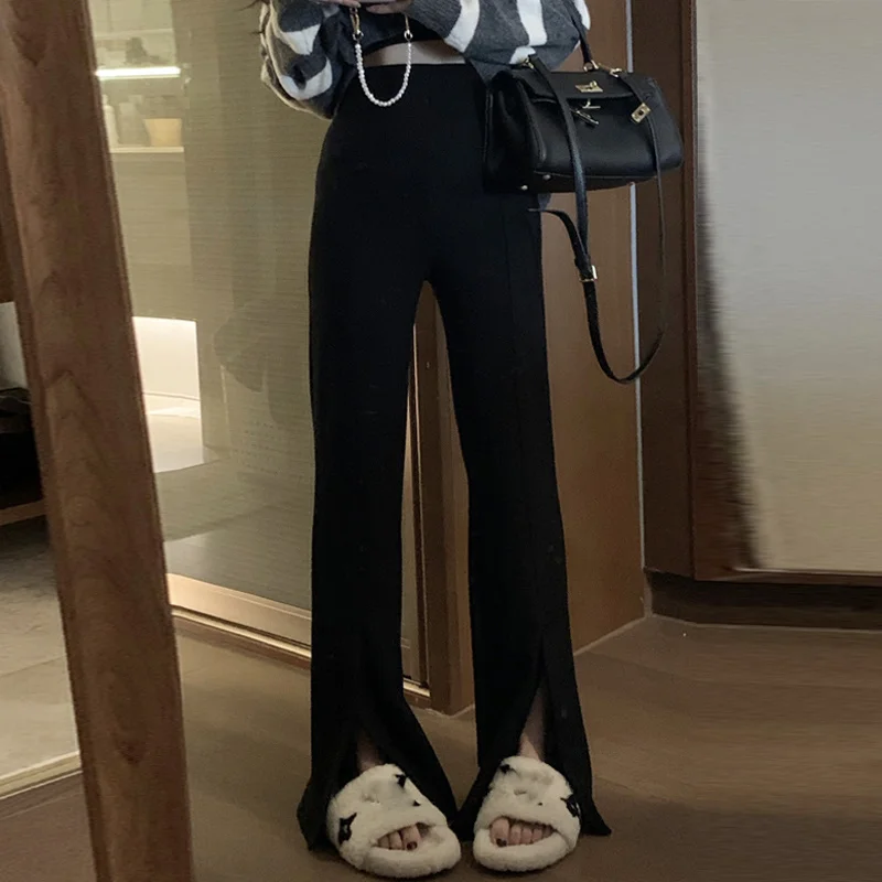 Черные широкие брюки женские с разрезом новинка 2021 прямые свободные