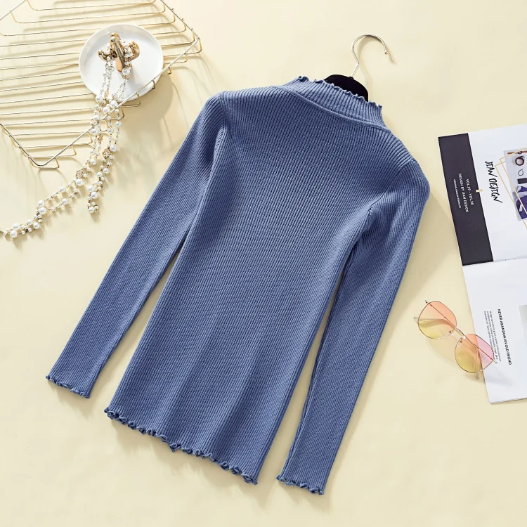 Свитер с гофрированным воротником, Женский пуловер, зимняя одежда, женский корейский топ, полуводолазка, вязаная Повседневная однотонная полосатая рубашка, стрейчевая