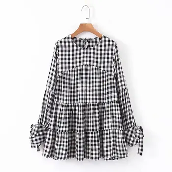 

women fashion o neck plaid print casual loose smock blouse autumn ladies pleats shirts chic femininas kimono blusas tops LS4385