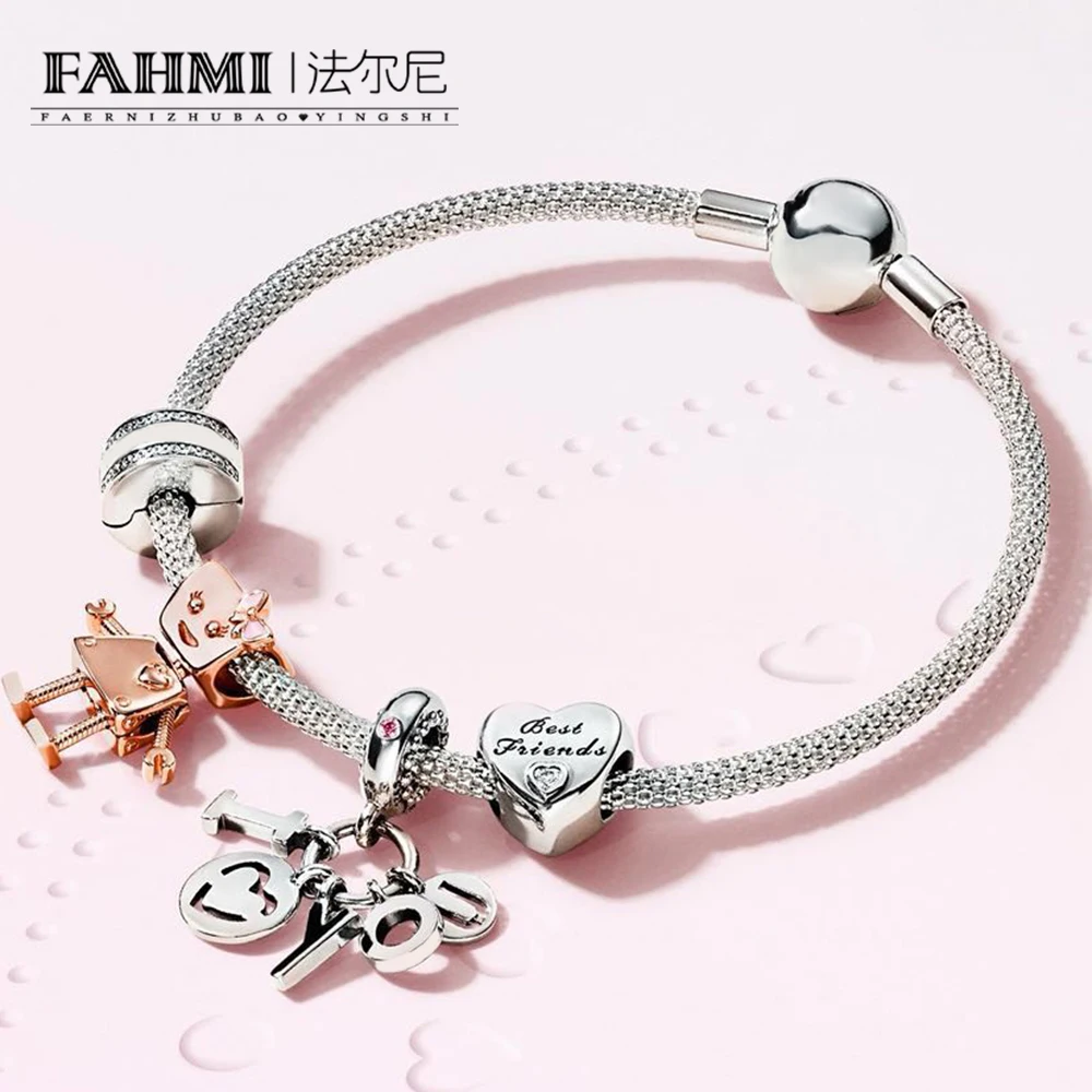 

FAHMI 100% 925 Sterling Silver 1:1 ROSE BELLA BOT FRIENDSHIP HEART CHARM I LOVE YOU HANGING CHARM MOMENTS MESH BRACELET Set