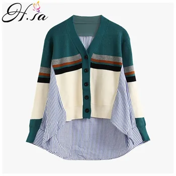 

H.SA 2019 Women Winter Sweater Cardigans Button Up Patchwork Knitwear Shirt Knit Patchwork Jumpers Korean Fashion Tops Roupa