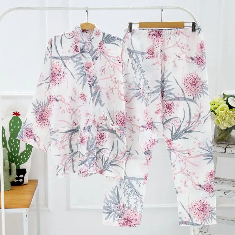 Женские пижамы с принтом, штаны, весна-осень, пижамный комплект для женщин, комплект для сна, ночное кимоно, пижамы для ванной, женский набор длинных брюк, Халат - Цвет: Белый
