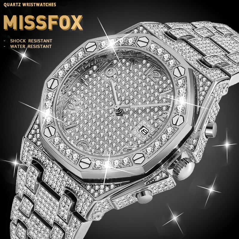 

Dropshipping Watch Men MISSFOX Lab Diamond Set Silver Plated Diamond Watch Men Fashion Ice Out Top Brand Hip Hop Watch For Men
