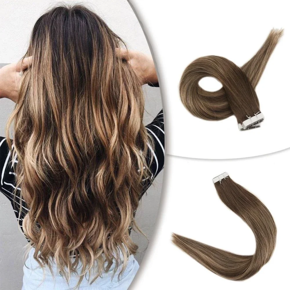 Полный блеск Balayage цвет омбер человеческие волосы на ленте для наращивания 20 шт 50 г блонд коричневый лента для наращивания машина сделано remy