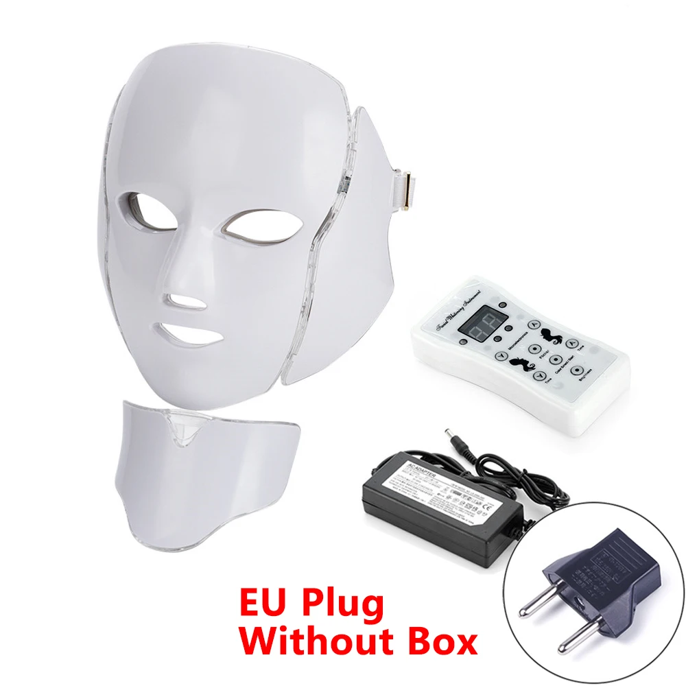 EU Plug no Box 7 цветов светодиодный маска для лица красота омоложение кожи Фотон светильник маска для лица с шеи терапия морщин акне подтяните кожу инструмент - Цвет: EU Plug no Box