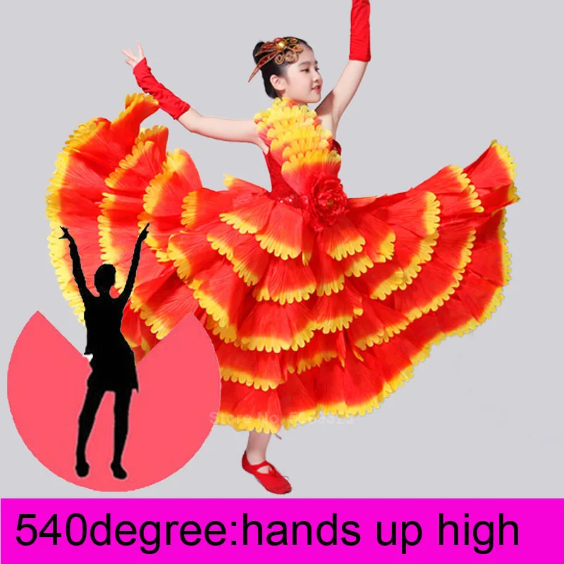 Color2 540degree Испанская коррида для цыганских девочек; юбки для фламенко; платья для танца живота для детей; длинный халат для девочек; платье для фламенко с лепестками пионов; костюмы - Цвет: Color2 540degree