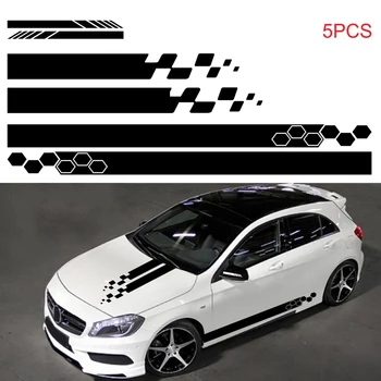 

5Pcs Universal Black Car Racing Body Side Geometry Skirt Roof Hood Decal Sticker for All Cars Vinyl Bumper Decal