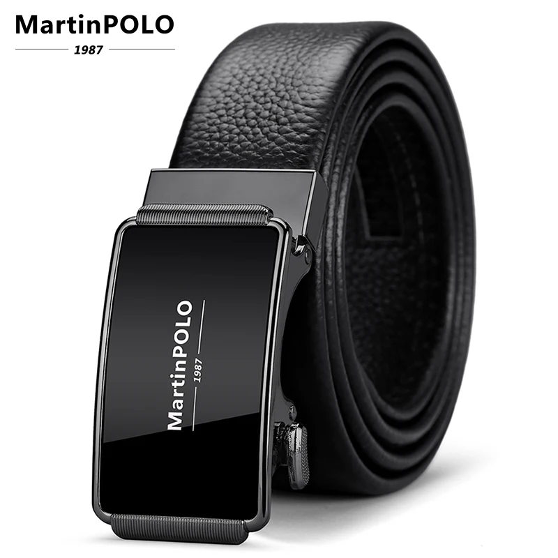BLACK MartinPOLO,, натуральная кожа, ремень, автоматическая пряжка, ремни для мужчин, роскошный, Воловья кожа, ремень для бизнеса, формальный, черный, MP02001P - Цвет: BLACK