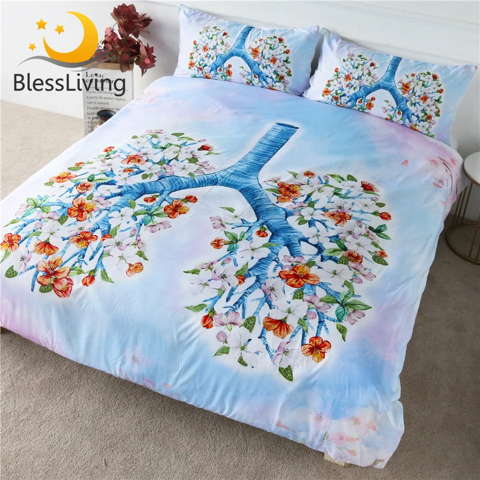 

BlessLiving Lung Bedding Set Floral Tree Duvet Cover Set Flower of Life Comforter Cover Pink Blue Bedspreads Queen Size 3-Piece