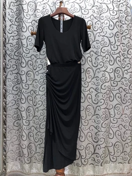 

2020 Spring and Summer New Women's round Neck Short-Sleeved Solid Color Top Side Wrinkle Knot Long Skirt Suit 606