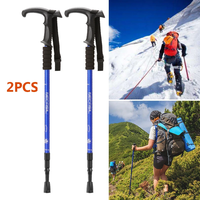 2pcs/lot T-handle Trekking Hiking Walking Stick Nordic Walking Cane Aluminum Ski Camping Telescopic Baton Outdoor