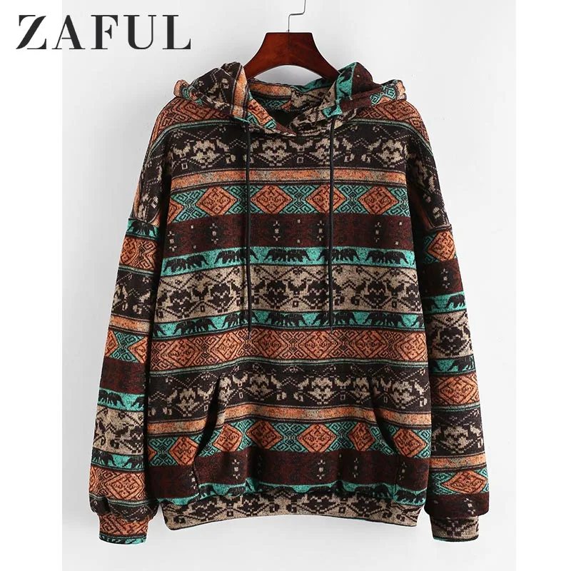  ZAFUL Hoodies Sweatshirts Women Tribal Print Drawstring Front Pocket Hoodie 2019 Winter Drop Should