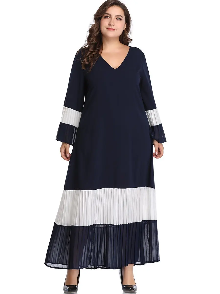 Весеннее осеннее платье размера плюс для женщин элегантное свободное повседневное плиссированное платье с длинным рукавом и большим v-образным вырезом голубое 4XL 5XL 6XL 7XL