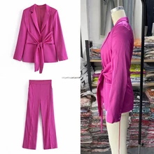 Blazer doux au toucher avec nœud pour femmes, manteau Vintage à manches longues, poches passepoilées, vêtements d'extérieur Chic, Veste, pantalon féminin, 2021 