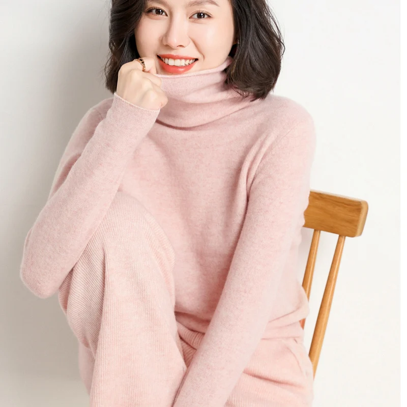 

Women's Cashmere Sweater Autumn And Winter New Product 100% Pure Wool Pullover Loose Wild Soft Knit High Neck Korean Base Shirt