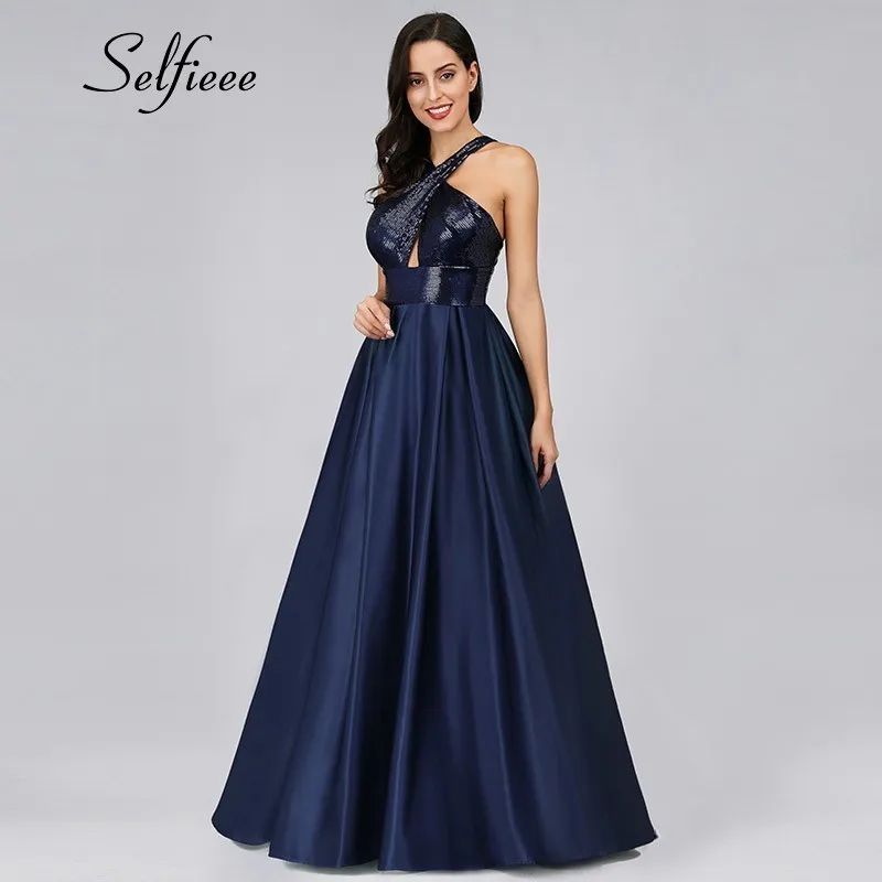 

Navy Blue Long Summer Maxi Dresses A-Line Sleeveless Sequined Sparkle Halter Backless Women Dresses 2019 Jurken Grote Maten