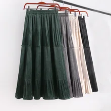 Винтажная бархатная плиссированная трапециевидная эластичная Зимняя Теплая юбка средней длины с высокой талией для женщин, женские юбки, черные, зеленые, серые, saias