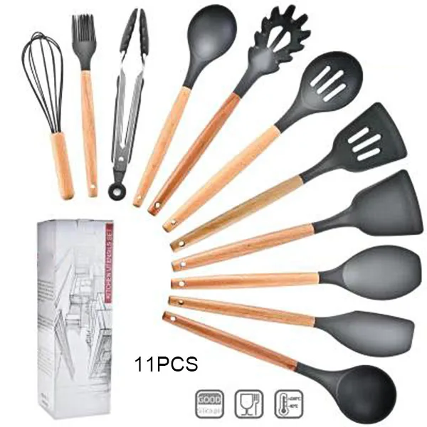 11pcs Кухонные принадлежности из силикона набор кухонной утвари антипригарная кухонная посуда деревянные ручки инструменты для приготовления Тернер щипцы лопатка ложка YU-Home - Color: 11pcs