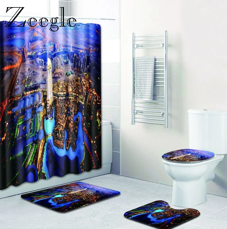 Zeegle Print Bath Mat Set with Curtain Lid Toilet Cover Mat Bath Mat Pad Set Bathroom Curtain with 12 Hooks Bathroom Accessories