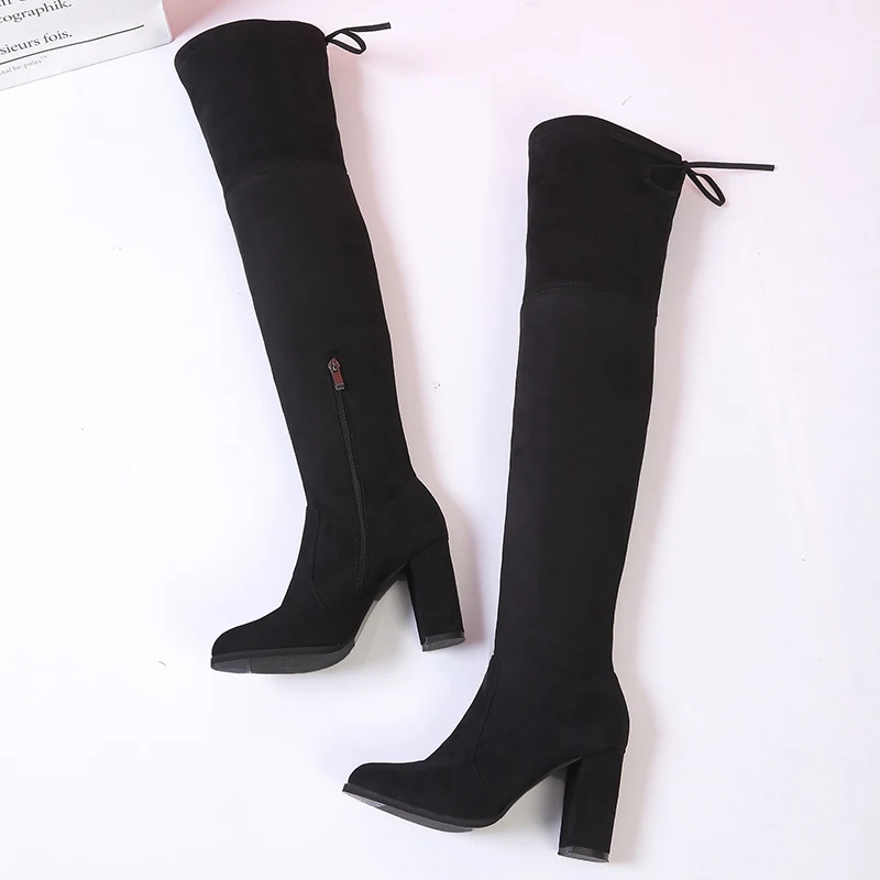 Новые женские ботфорты из флока пикантные женские сапоги на высоком каблуке со шнуровкой теплые зимние сапоги на шнуровке Размеры 35-40