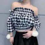 Женский клетчатый топ с пышными рукавами T032