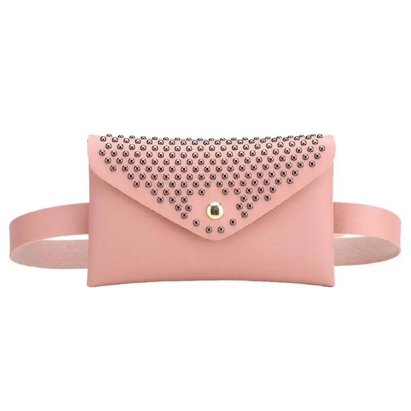 Практичная Женская поясная сумка на пояс, модная однотонная сумка из искусственной кожи в стиле панк с заклепками на плечо, поясная сумка, Женская нагрудная сумка с клапаном - Цвет: Pink