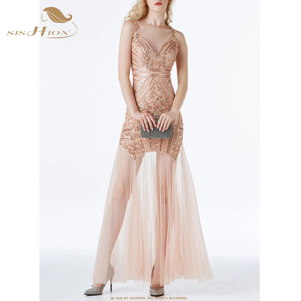Розовый SISHION 1920s винтажное платье VD1202 длина до пола для рождественской вечеринки длинное расшитое блестками женское платье с блестками - Цвет: Розовый