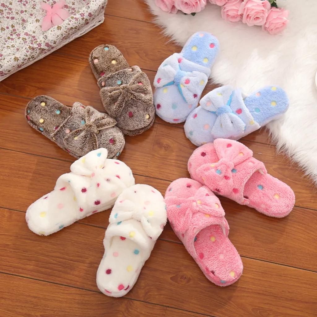 Warm Cute Bow Autumn Winter Woman Slippers Home Wear