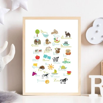 

Portuguese Alphabet Animals Canvas Print Educational Wall Art Poster Kids Painting Nordic Style Gender Neutral Nursery Decor