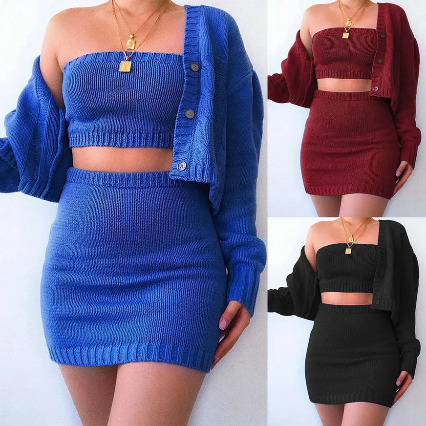 

Sexy Bodycon Mini Skirt Three Pieces Women Sets Sexy Women Solid Color Long Sleeve Women Cardigans Strapless Crop Tops