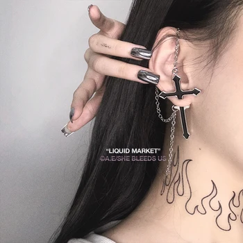 

New Fashion Cool Gothic Exaggerated Punk Black Cross Metal Tassel Long Chain Drop Earring for Women Party Girls Gifts