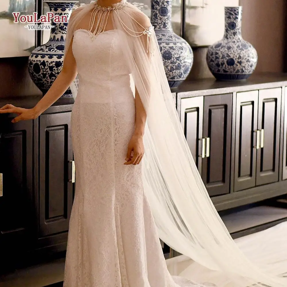 

TOPQUEEN G03T Luxurious Wedding Cape Veil with Pearl Flowers Vintage Tassels Bride Showl with Rhinestones for Formal Banquet