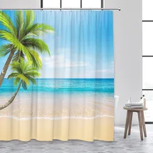 

Hawaii Beach Palm Trees Scenery Shower Curtain Set Green Tropical Plant Ocean Natural Landscape Fabric Bathroom Decor with Hooks