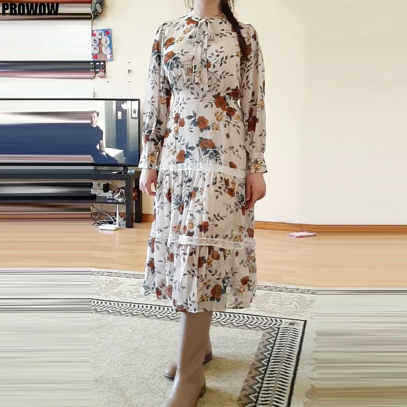 2020 Summer Chic Women Dress Retro Casual Long Sleeve Boho Floral Print Dress Korean Elegance Lady Bandage Dresses