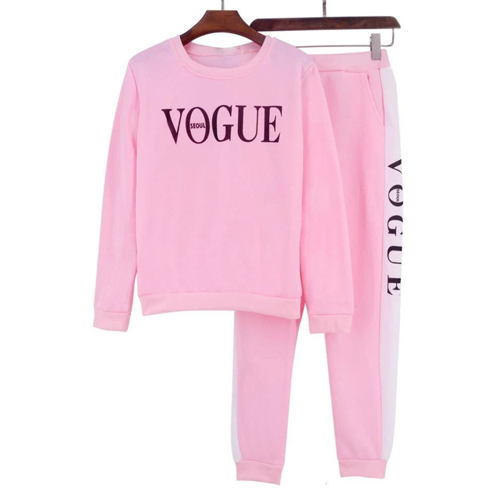 Для женщин спортивный костюм осень-зима Для женщин костюм VOGUE с принтом букв 0-образным вырезом толстовка+ Лоскутные Длинные брюки комплект из 2 частей
