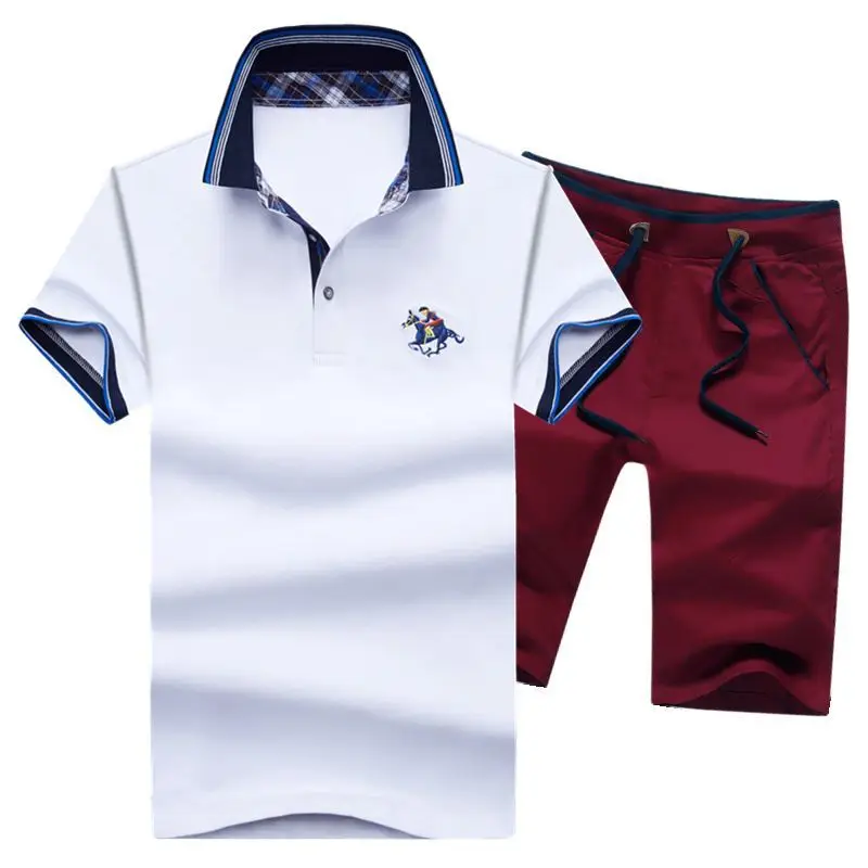 AZ-1713 white 3 Aismz Мужская спортивная одежда повседневные спортивные костюмы мужские Moletom Masculino Летние наборы вышивка поло топы футболки+ шорты мужские s комплект - Цвет: AZ-1713 white 3