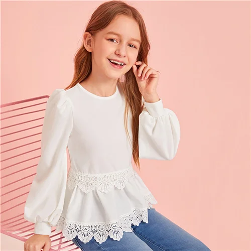 Белый SHEIN Kiddie/Белое однотонное гипюрное кружево для отделки, милая блузка для девочек детские топы года, Осенние Блузы на молнии с пышными рукавами и оборками - Цвет: Белый