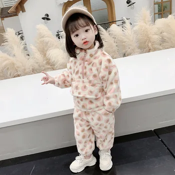 

HYLKIDHUOSE Girls Clothing Sets 2020 Winter Female Children Clothes Warm Thicken Plush Leopard Print Tops Pants Kids Costume