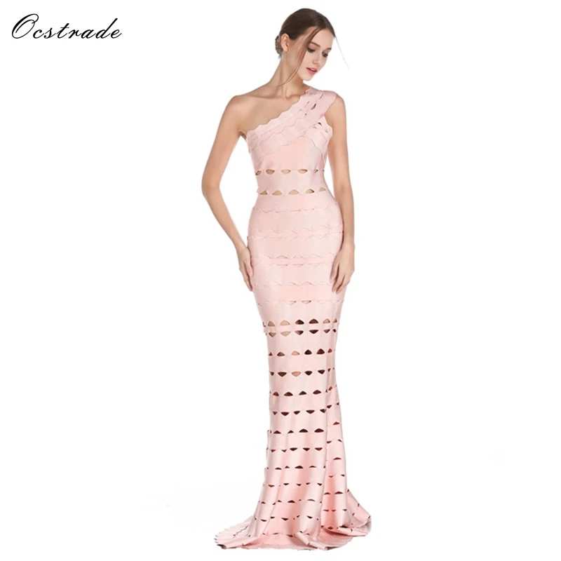 

Nude One Shoulder Sleeveless Long Maxi Cut Out Party Rayon High Quality Bandage Dress HL H1635-Nude