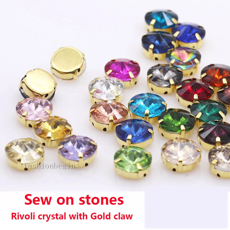 Sew On Rhinestones Sewing Rhinestones Rhinestone Crystals Rhinestone Accessories Rhinestone Trimmings 24Colors 6/8/10/12/14/16/18/25MM Rivoli Round Sew on Rhinestone Crystal With Golden Button For Garments Jewelry Shoes Diy Trims