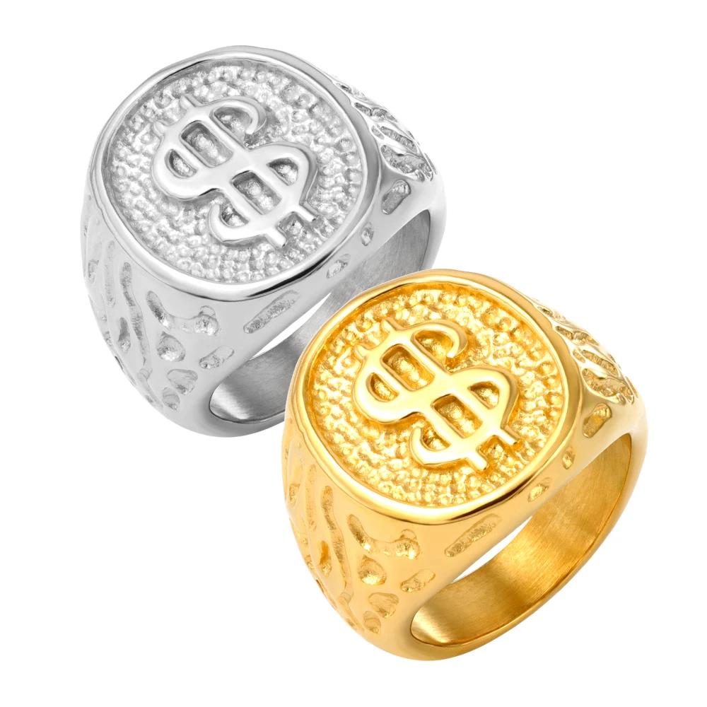 Punk Luxury Brand Gold Dollar Sign Men Women Charms Rings Stainless Steel Vintage Square Jewelry | Украшения и аксессуары