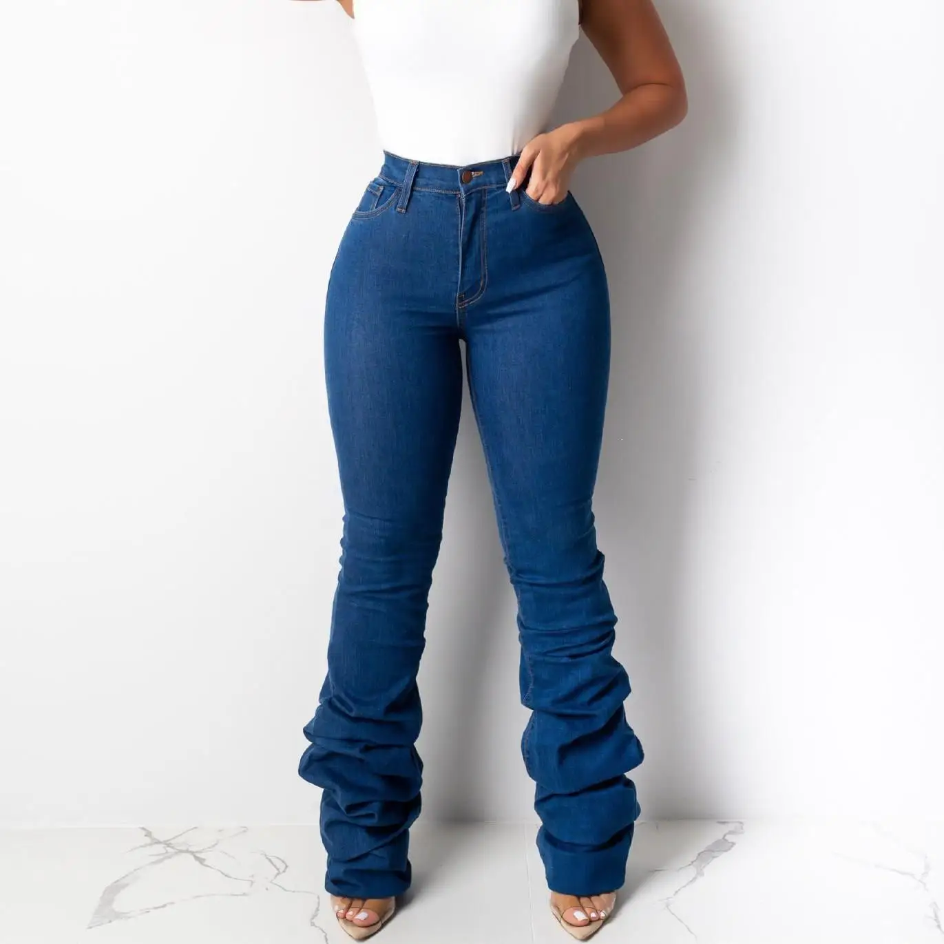 

Newest Women Blue Heap Heap Jeans Autumn Winter Fashion Styles Denim Pants Casual High Waist Pockets Skinny Jeans