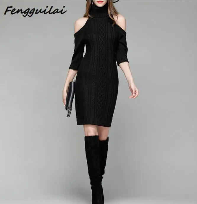 FENGGUILAI Autumn Winter Sexy Off Shoulder Turtleneck Sweater Dress Women Vintage Twisted Half Sleeve Long Pullovers Jumpers FENGGUILAI Autumn Winter Sexy Off Shoulder Turtleneck Sweater Dress Women Vintage Twisted Half Sleeve Long Pullovers Jumpers