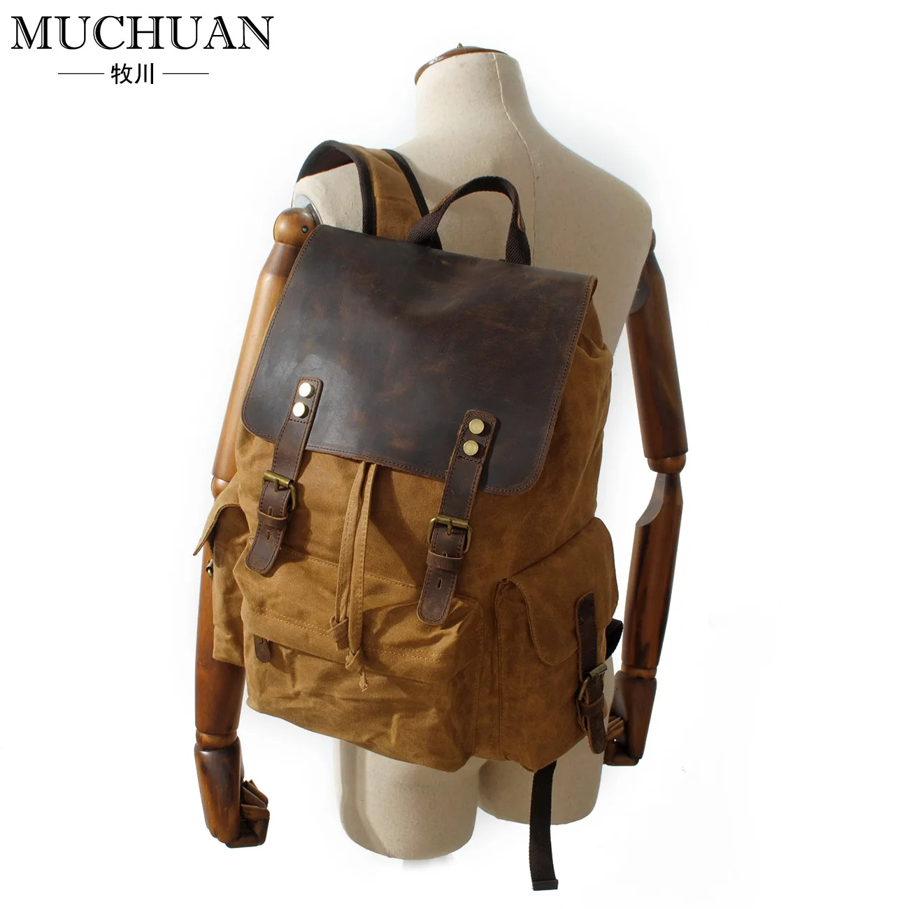 

Waterproof Batik Canvas Men's Bag with Leather Backpackage Europe And America Retro Backpack Outdoor Travel Bag Large Capacity B