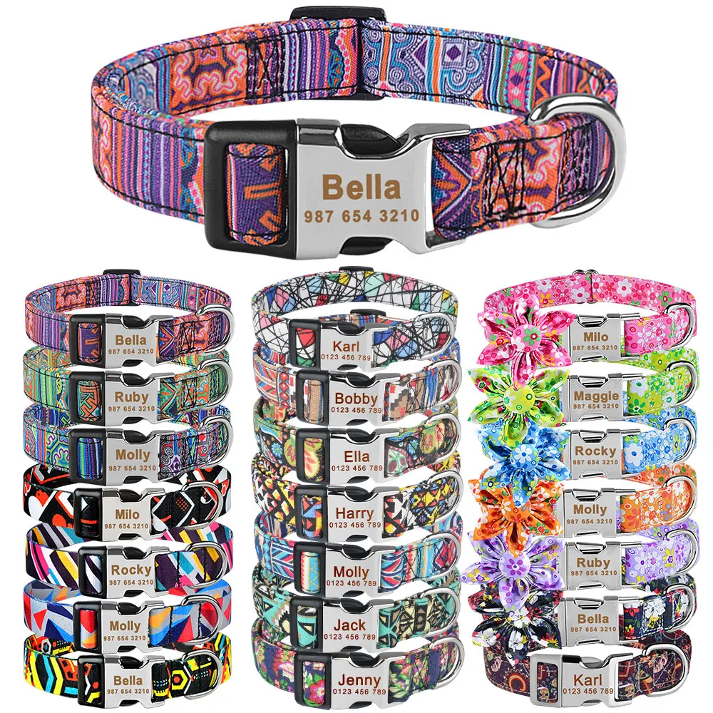 Adjustable Nylon Plaid Unisex Dog Collar Custom Free Engraved Name ID Tag Personalized Small Large Product | Дом и сад